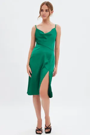 River Side Green Cowl Neck Slip Midi Dress