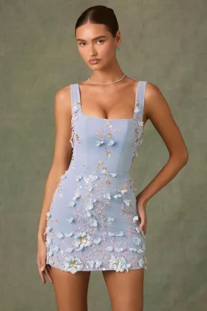 Embellished Corset Mini Dress in Sky Blue Reinforced Stitching