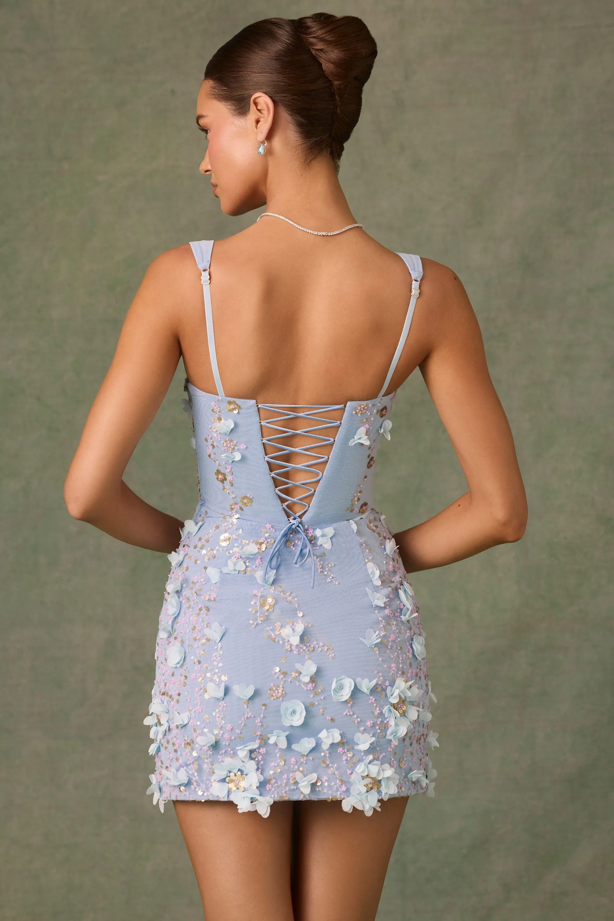 Embellished Corset Mini Dress in Sky Blue Show Glow