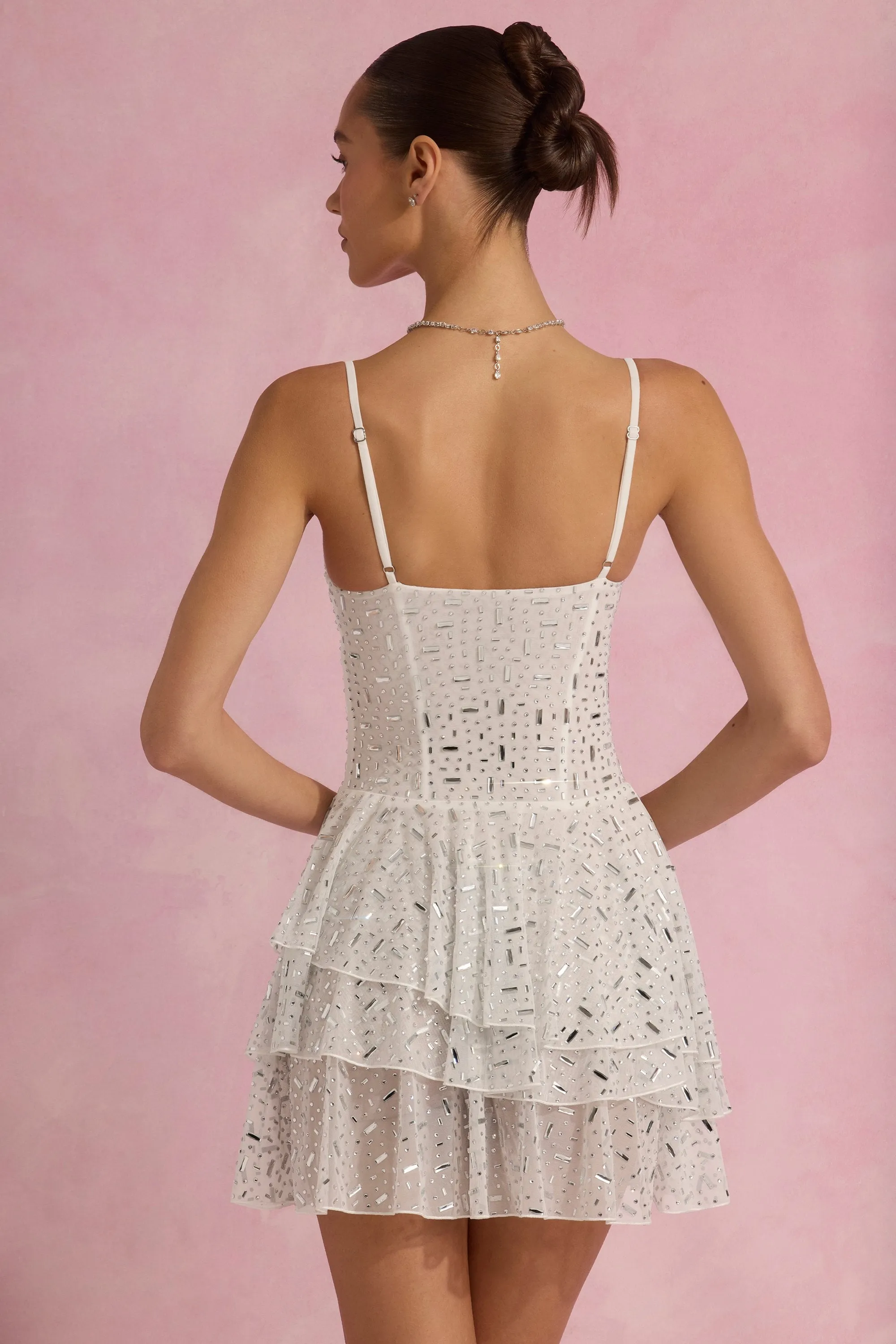 Match Fast Embellished Ruffled Tiered Mini Dress in White