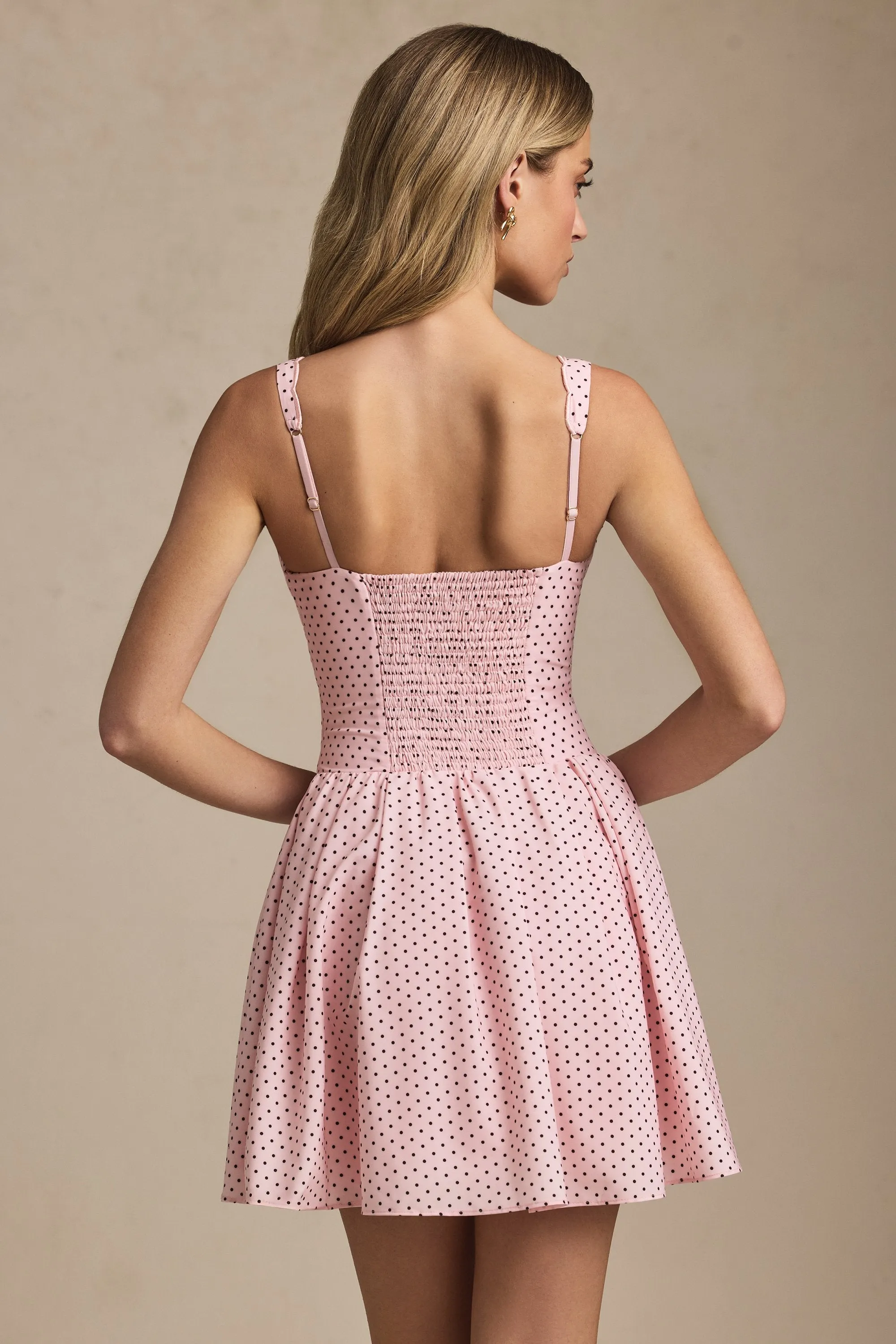 Bow-Detail A-Line Mini Dress in Pink Polka Dot Relaxed Design