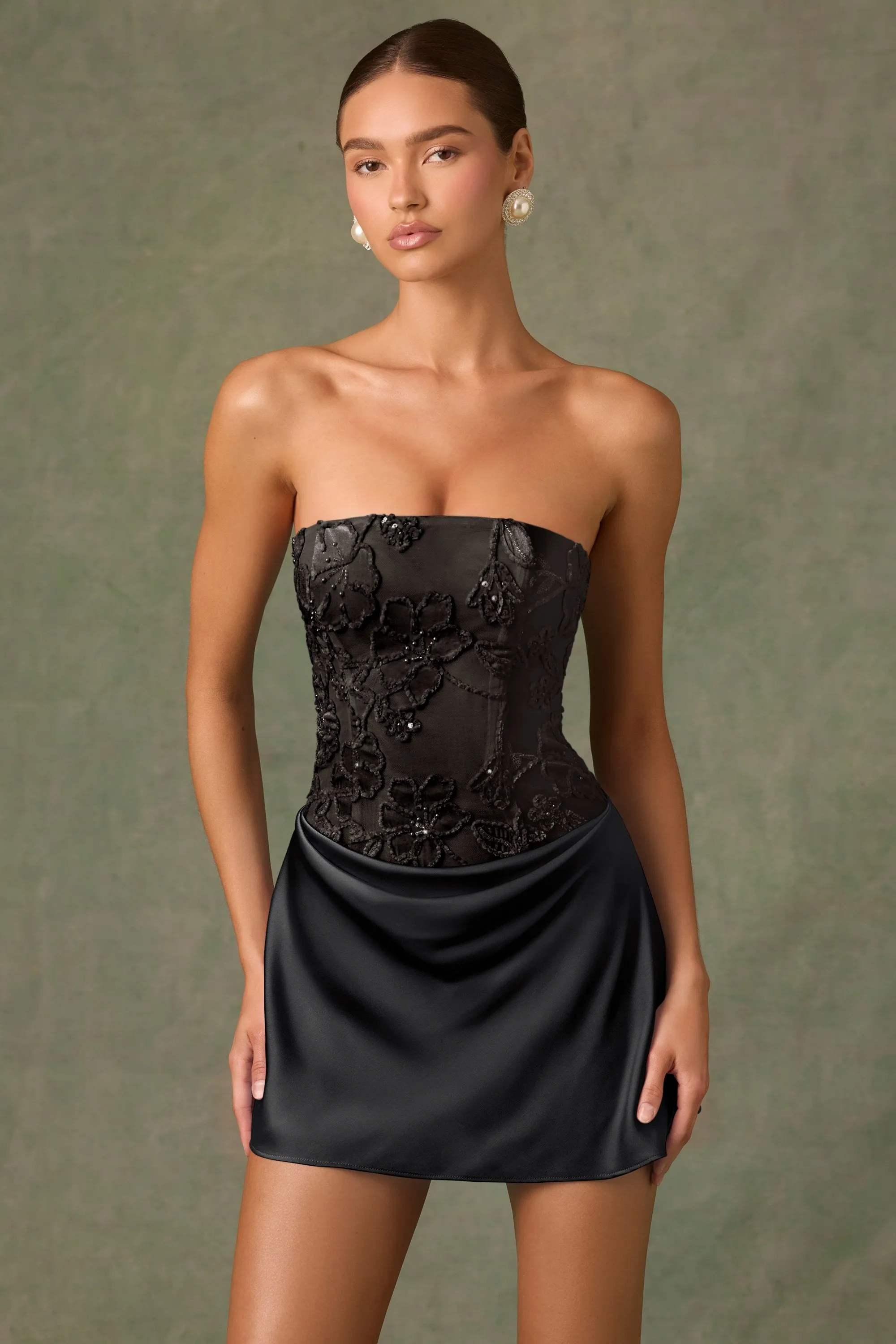 All Day Comfort Flirty off-the-shoulder mini Embellished Draped Strapless A-Line Mini Dress in Black