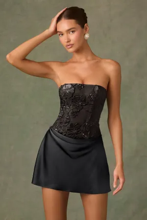 Embellished Draped Strapless A-Line Mini Dress in Black Relaxed Chic Look Hot Style