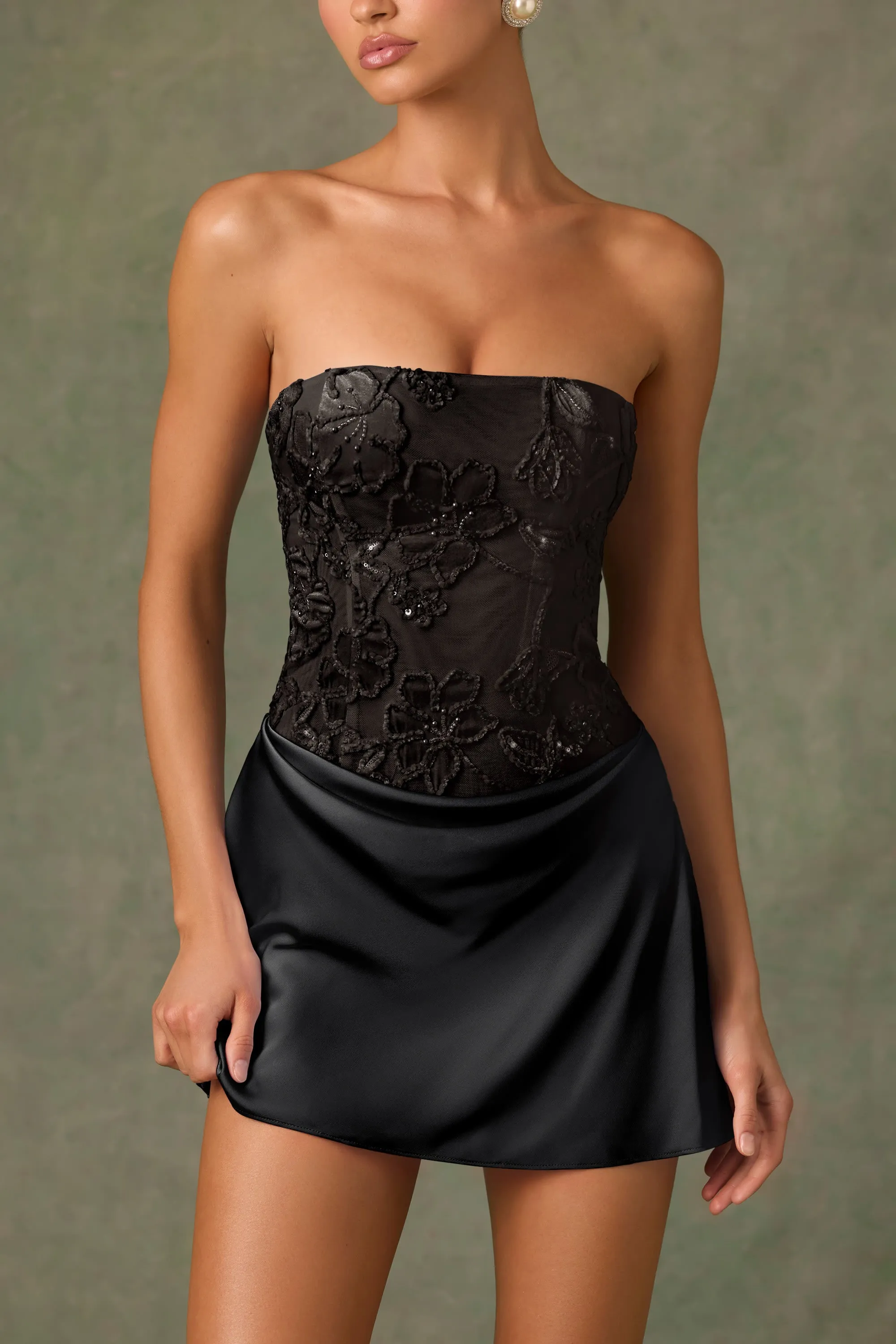 Embellished Draped Strapless A-Line Mini Dress in Black Youthful Vibe
