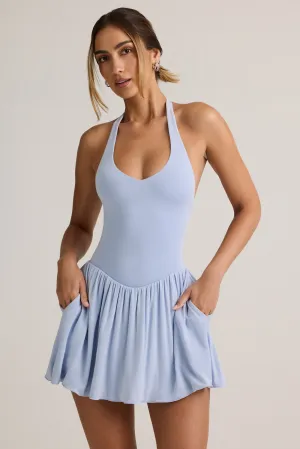 Layered Ventilation Modal Backless Halterneck Mini Dress in Light Blue