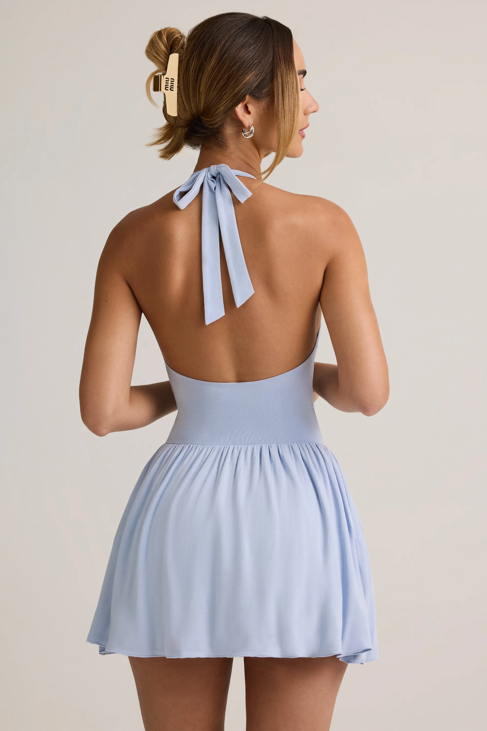 Fashion-forward short dress Modal Backless Halterneck Mini Dress in Light Blue