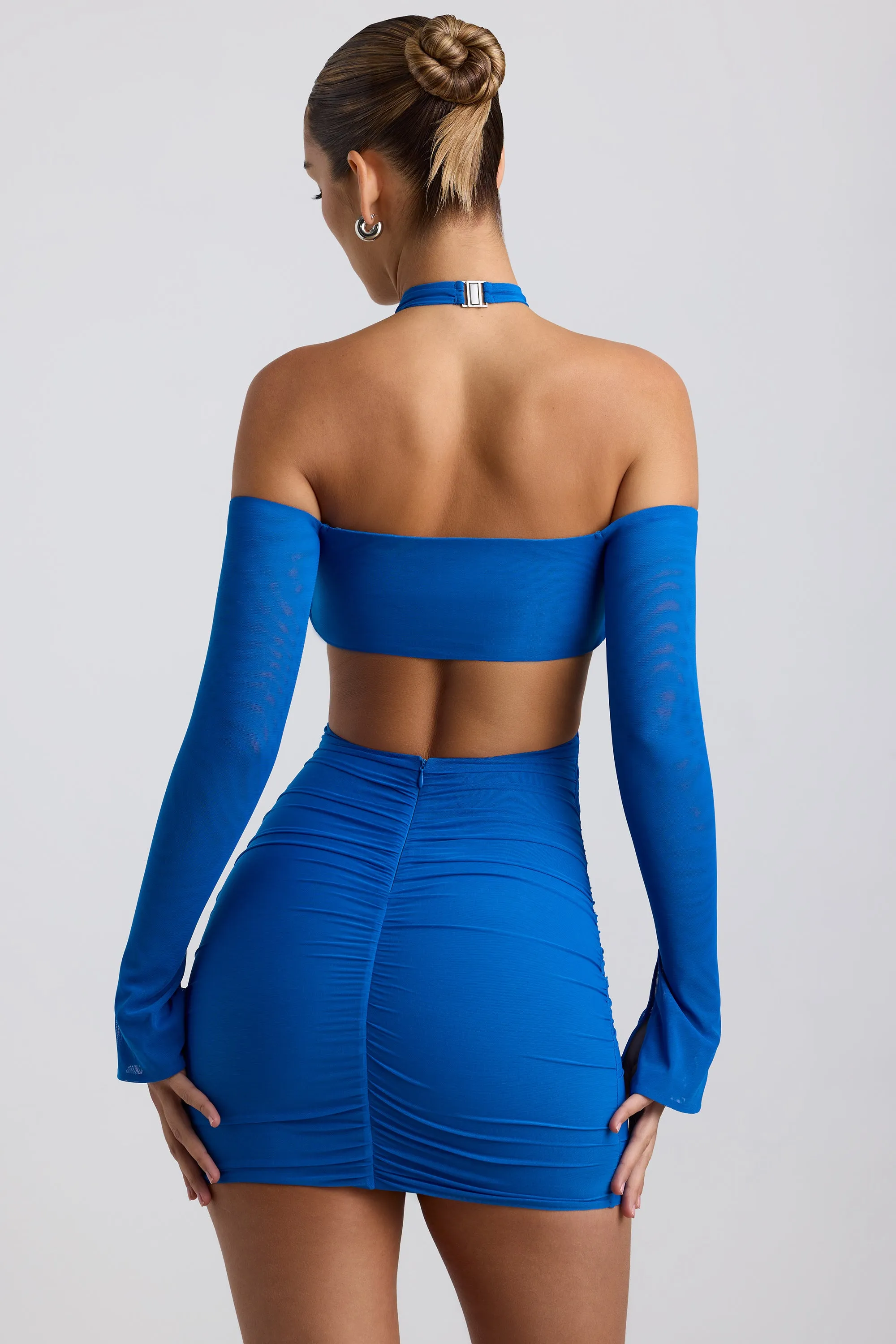 Off-Shoulder Ruched Cut-Out Mini Dress in Cobalt Blue Stage Light