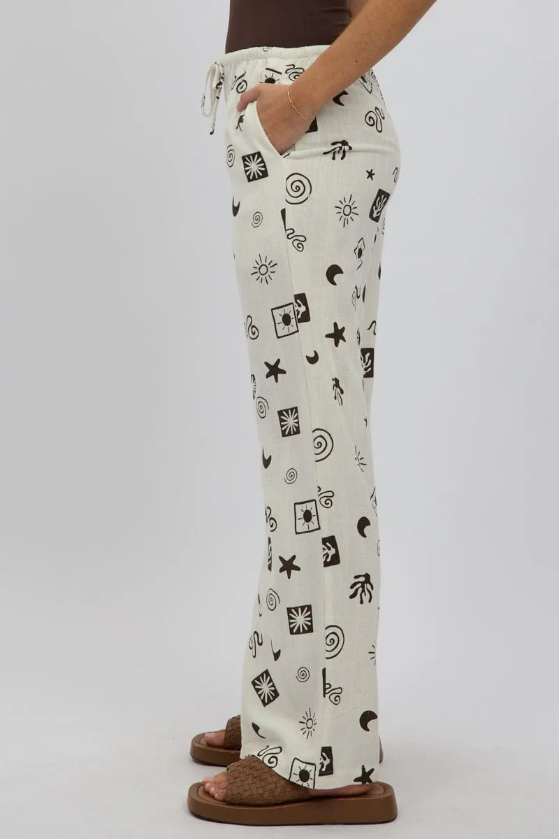Stylish Appearance Beige Abstract Wide Leg Pants High Rise