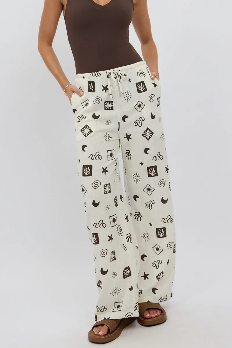 Beige Abstract Wide Leg Pants High Rise Durable Hemming Seamless construction
