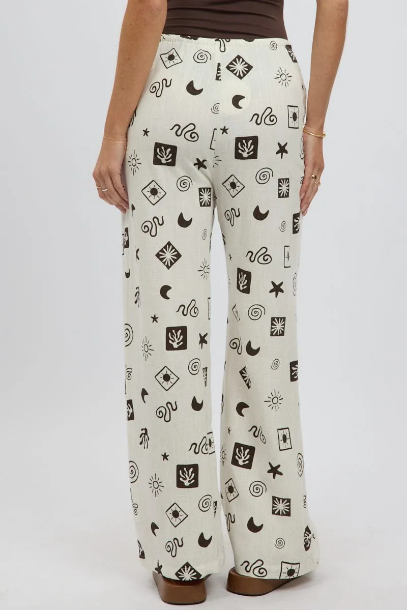 Comfort Fit Beige Abstract Wide Leg Pants High Rise