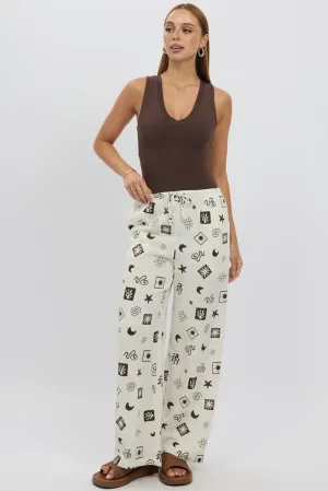 Beige Abstract Wide Leg Pants High Rise WaterRepellent Chilly Weather Wear