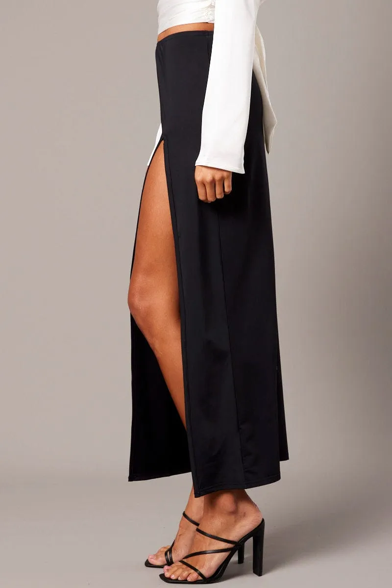 Black Maxi Skirt Mid Rise Split Nylon Laidback Feel