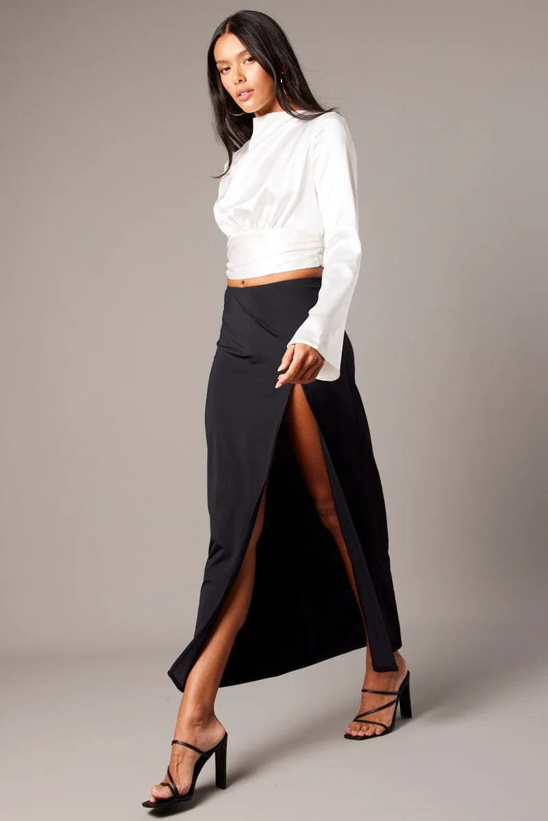 Casual Comfort Black Maxi Skirt Mid Rise Split Nylon