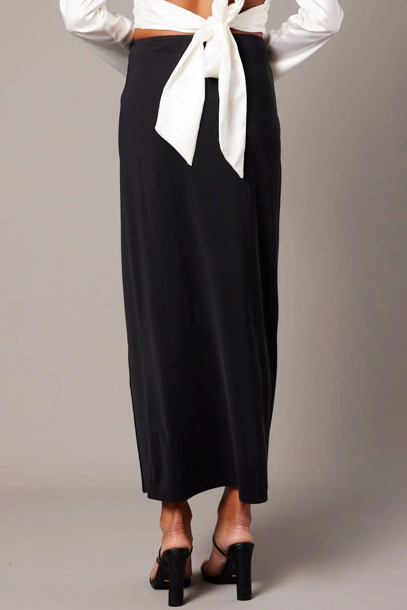 Black Maxi Skirt Mid Rise Split Nylon Casual Moments