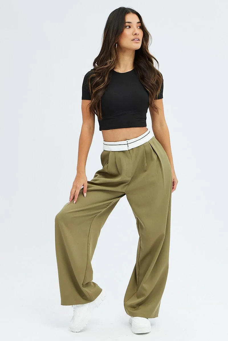Green Wide Leg Pants Turn Down Waist Low Rise WrinkleResistantMaterial Cozy Essentials