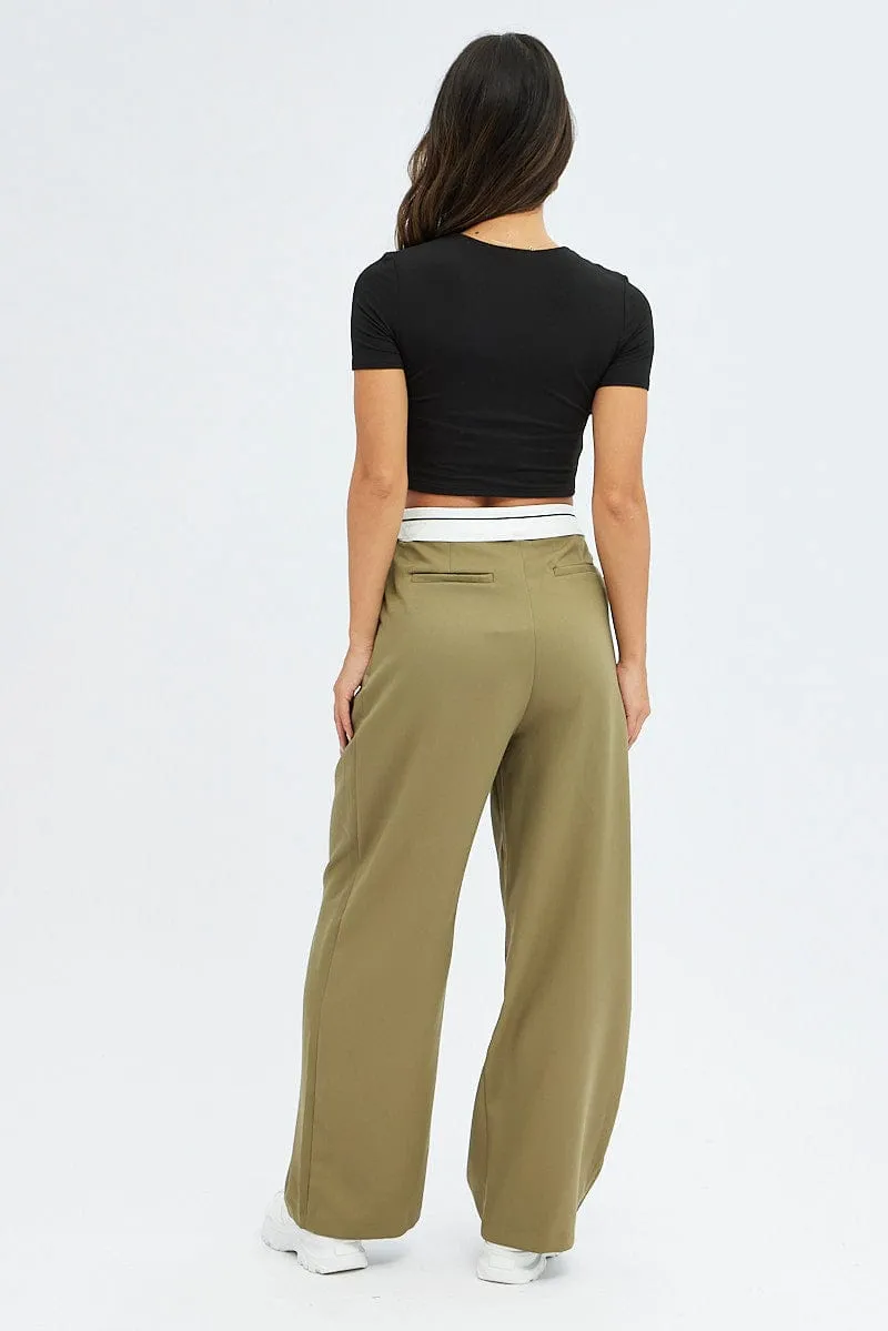 UVProtection Breathable Mesh Panels Green Wide Leg Pants Turn Down Waist Low Rise