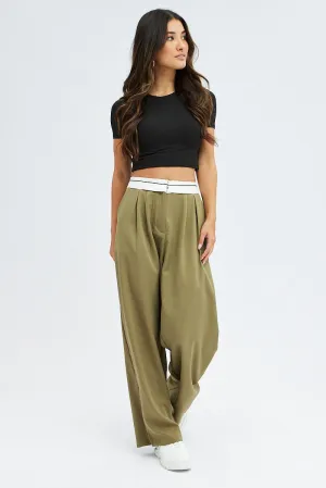 Green Wide Leg Pants Turn Down Waist Low Rise Chilly Comfort Relaxed Comfort Look