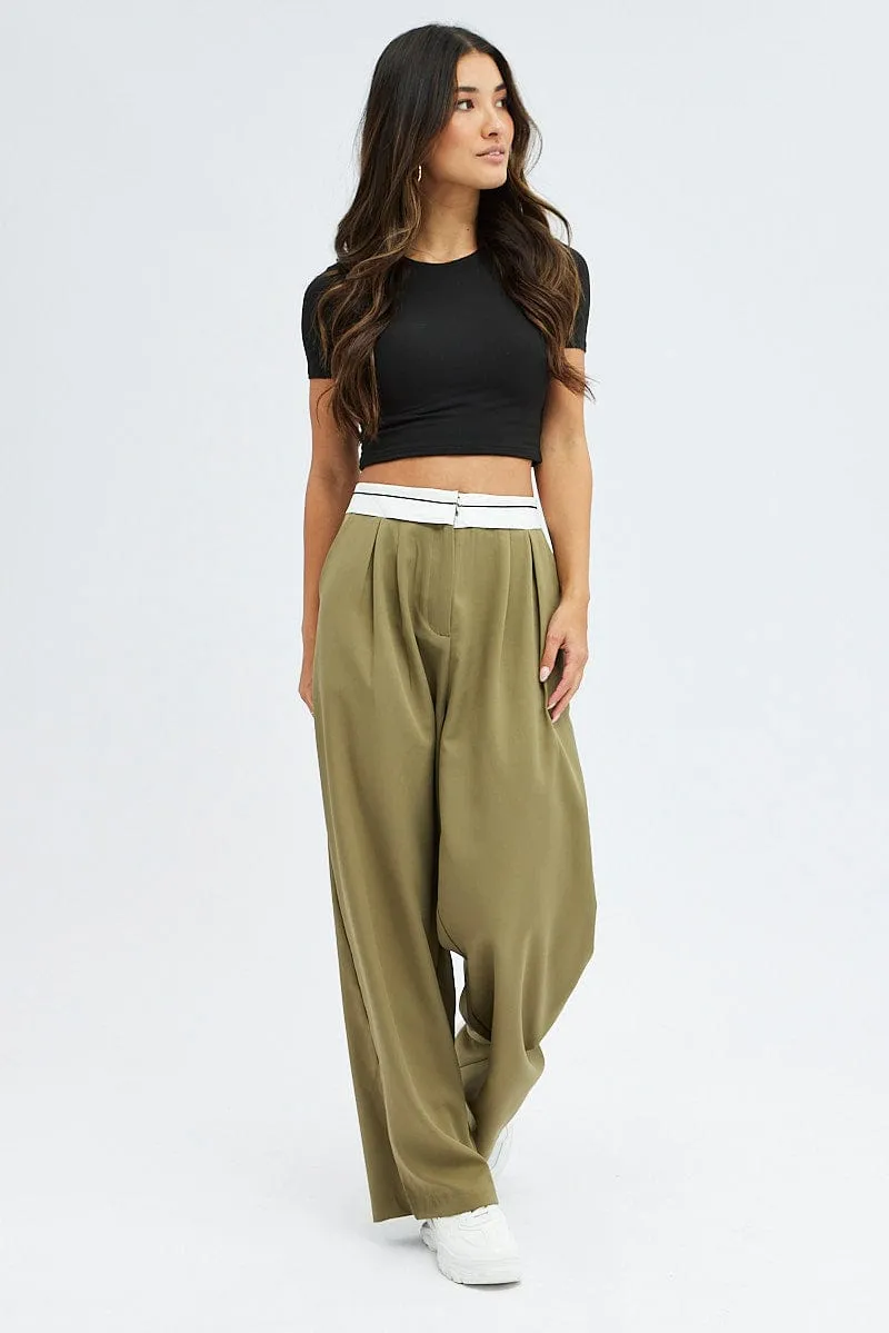 Green Wide Leg Pants Turn Down Waist Low Rise Chilly Comfort Relaxed Comfort Look