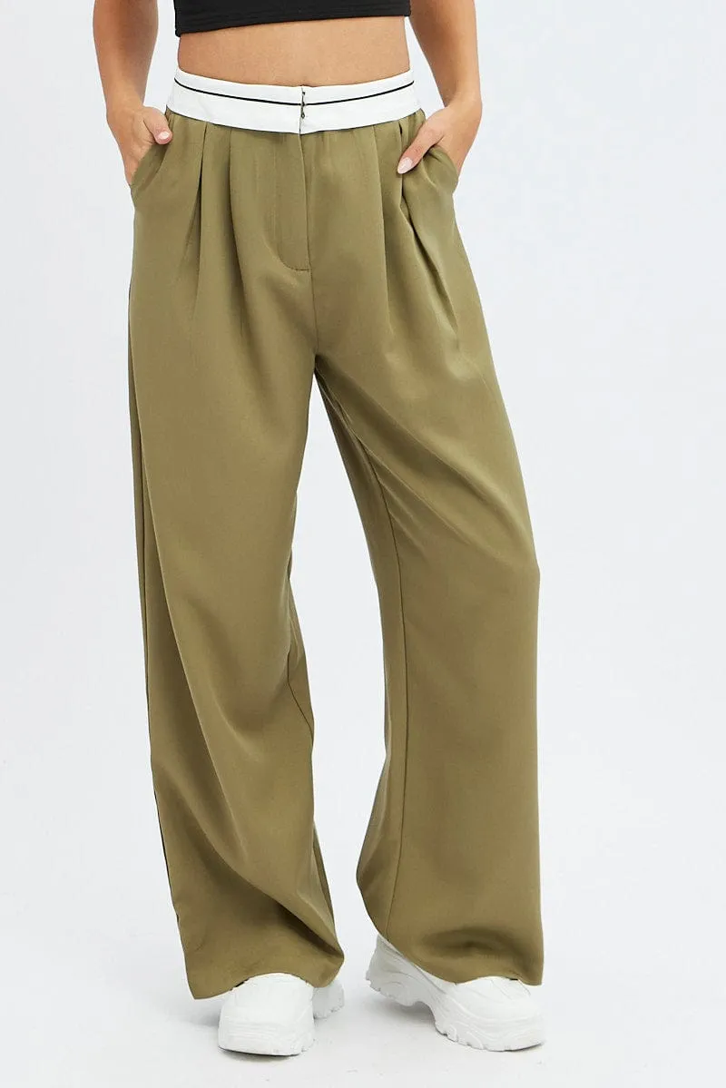 Green Wide Leg Pants Turn Down Waist Low Rise Sleek Look
