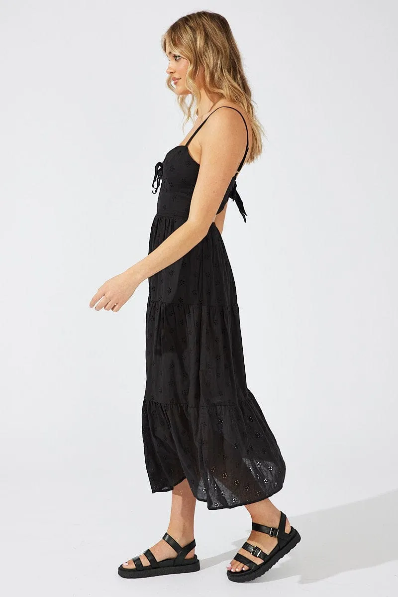Low Effort Black Midi Dress Sleeveless Eyelet