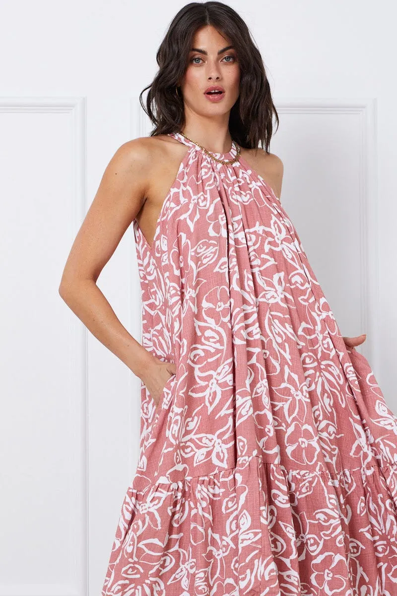 Flattering Cut Earth Smell Print Midi Dress Halter Neck