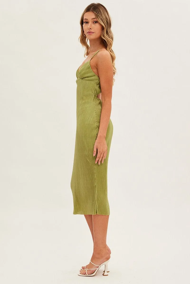 Stylish Choices Edgy Youth Green Slip Dress Midi Plisse Satin