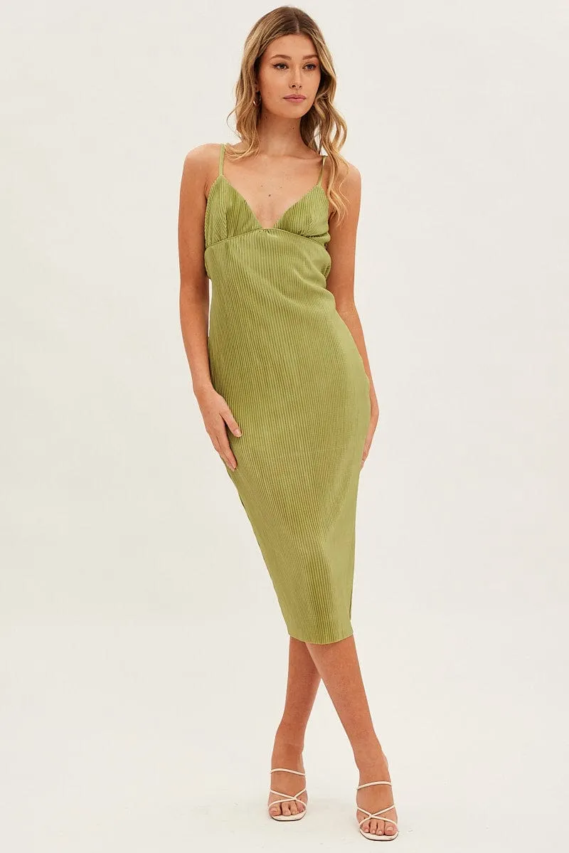 City Friendly Comfortable party dress Green Slip Dress Midi Plisse Satin