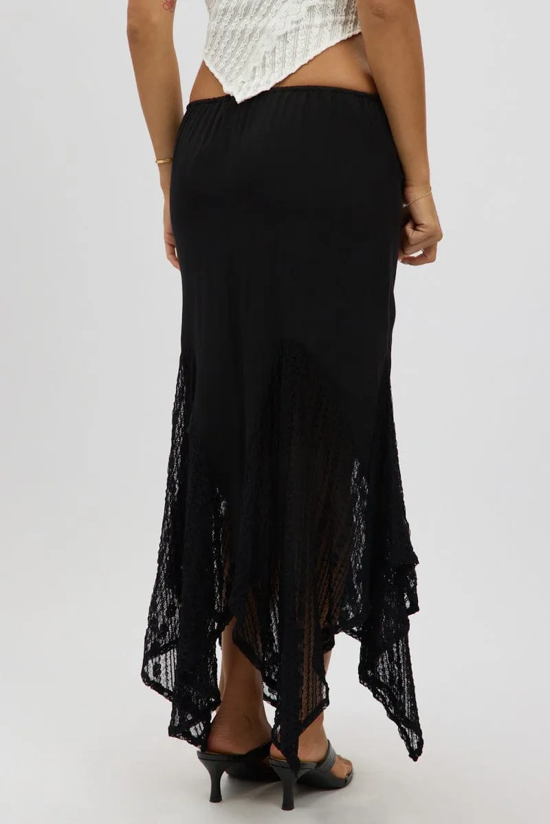 Black Lace Elastic Waist Scarf Hem Maxi Skirt Calm Mood Street Edge