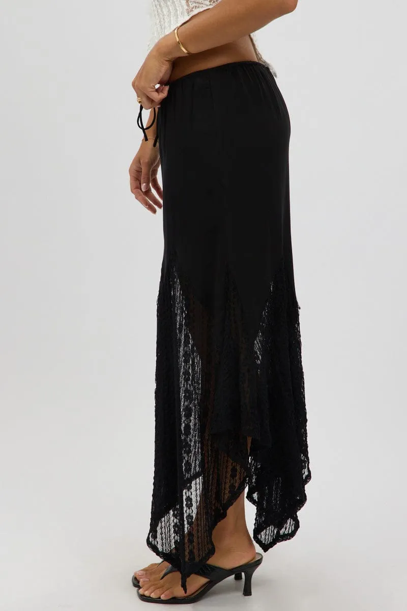 Black Lace Elastic Waist Scarf Hem Maxi Skirt Minimalist Style Pure Vibes
