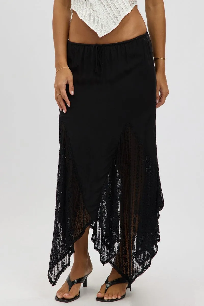 Day Wear Black Lace Elastic Waist Scarf Hem Maxi Skirt
