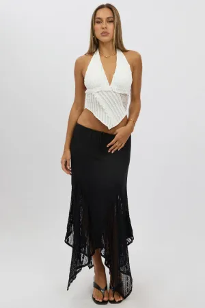 Black Lace Elastic Waist Scarf Hem Maxi Skirt Modern Details Trendy Style