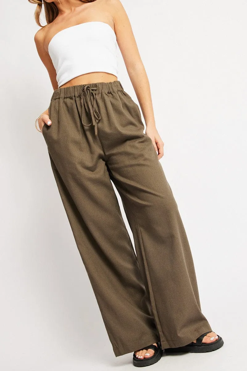 Comfort Flex Non Tapered Leg Green Wide Leg Pants Elasticated Waist