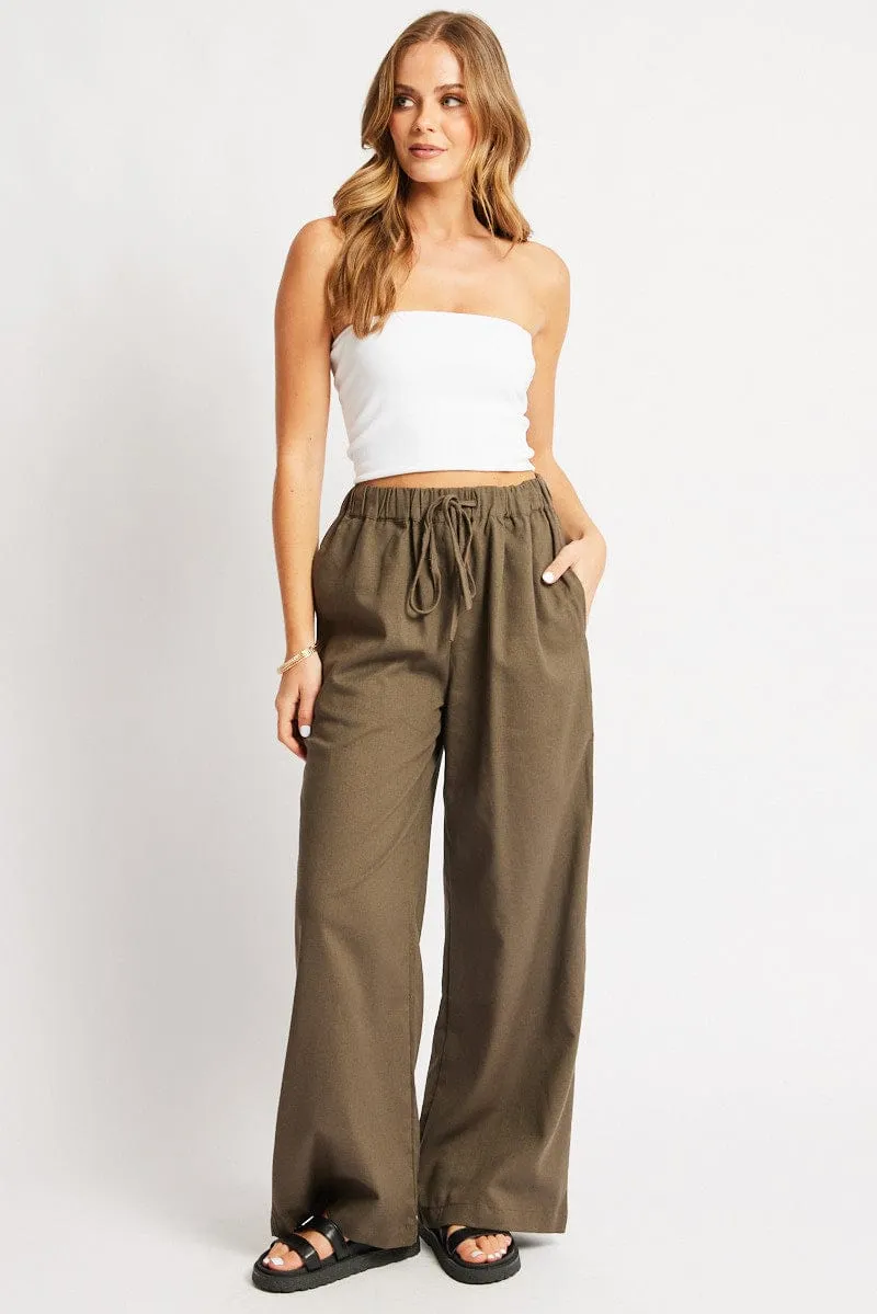 Relaxed Design Versatile Style Green Wide Leg Pants Elasticated Waist