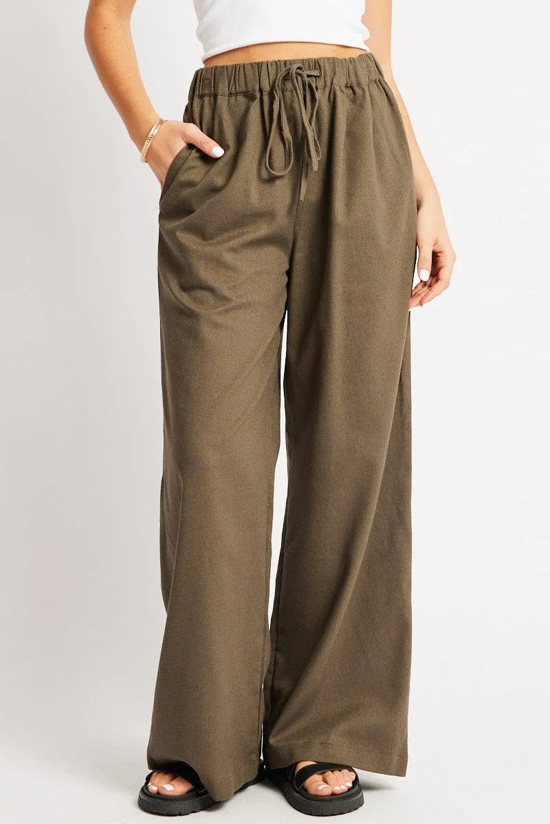 Green Wide Leg Pants Elasticated Waist Low-rise style Smooth Finish
