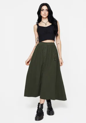 Draped Silhouette Foliate Linen-Blend Embroidered Button Up Midaxi Skirt - Green