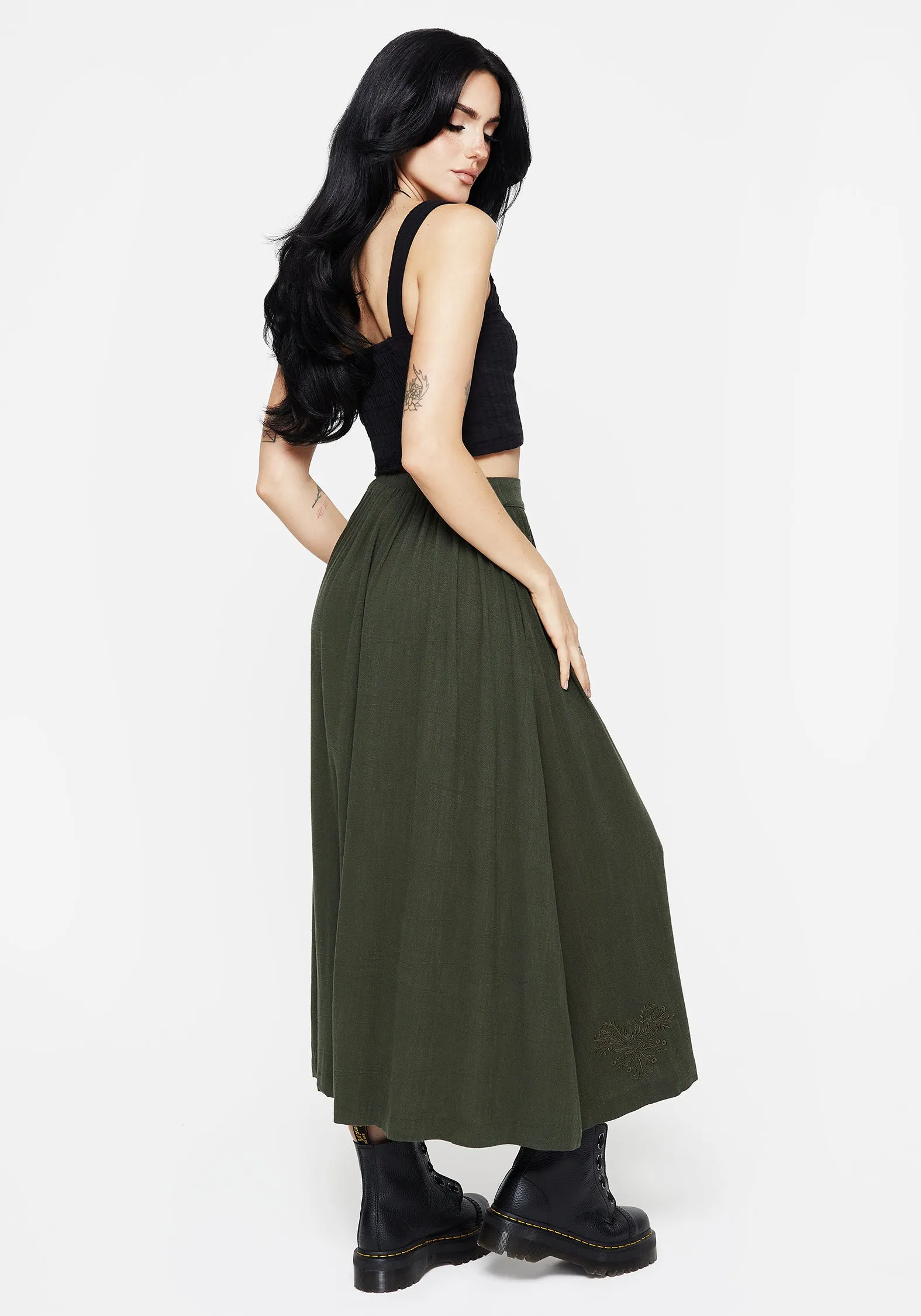 Foliate Linen-Blend Embroidered Button Up Midaxi Skirt - Green Refined Sophistication Sleek Flow