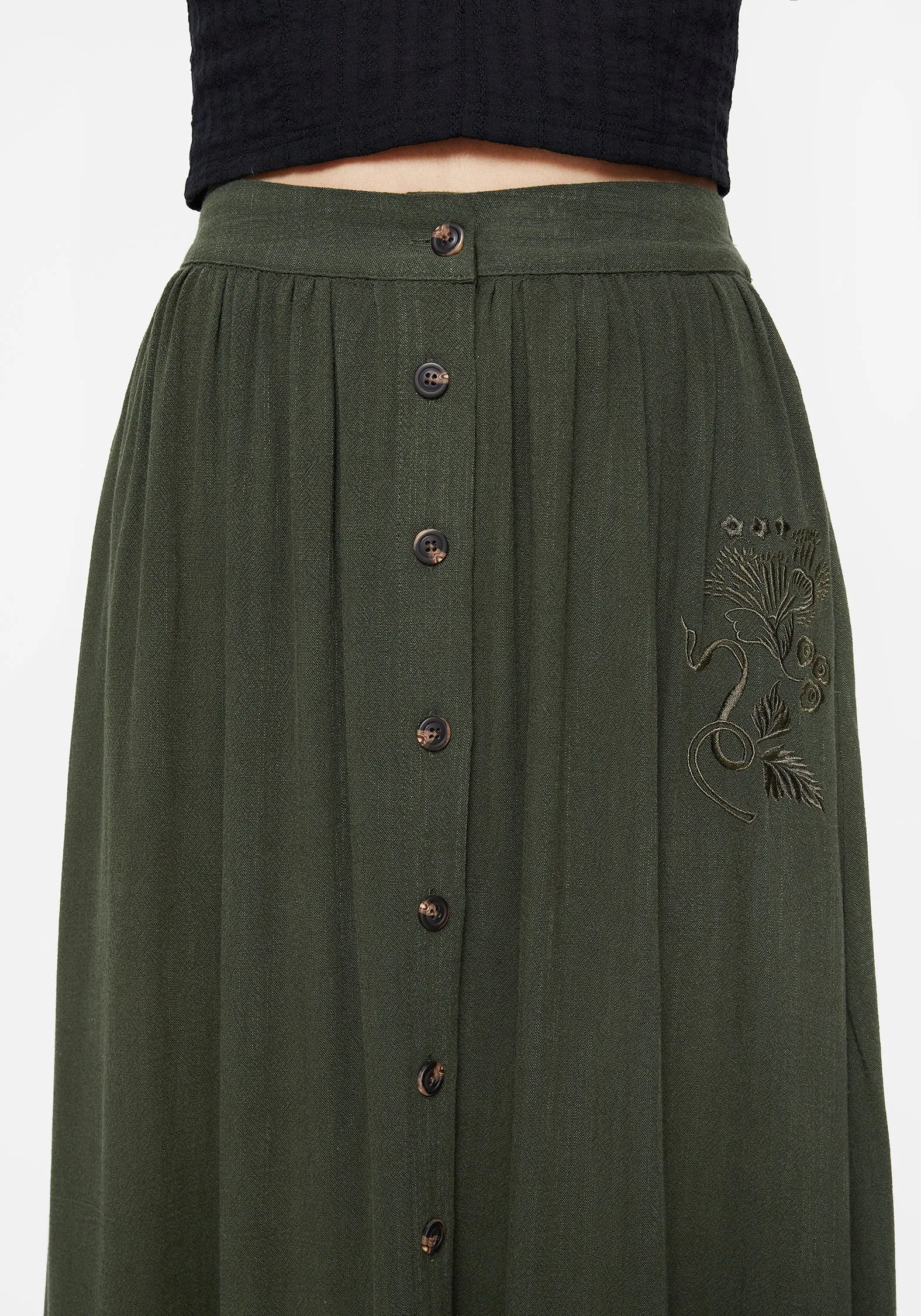 Timeless Touch Effortless Feel Foliate Linen-Blend Embroidered Button Up Midaxi Skirt - Green