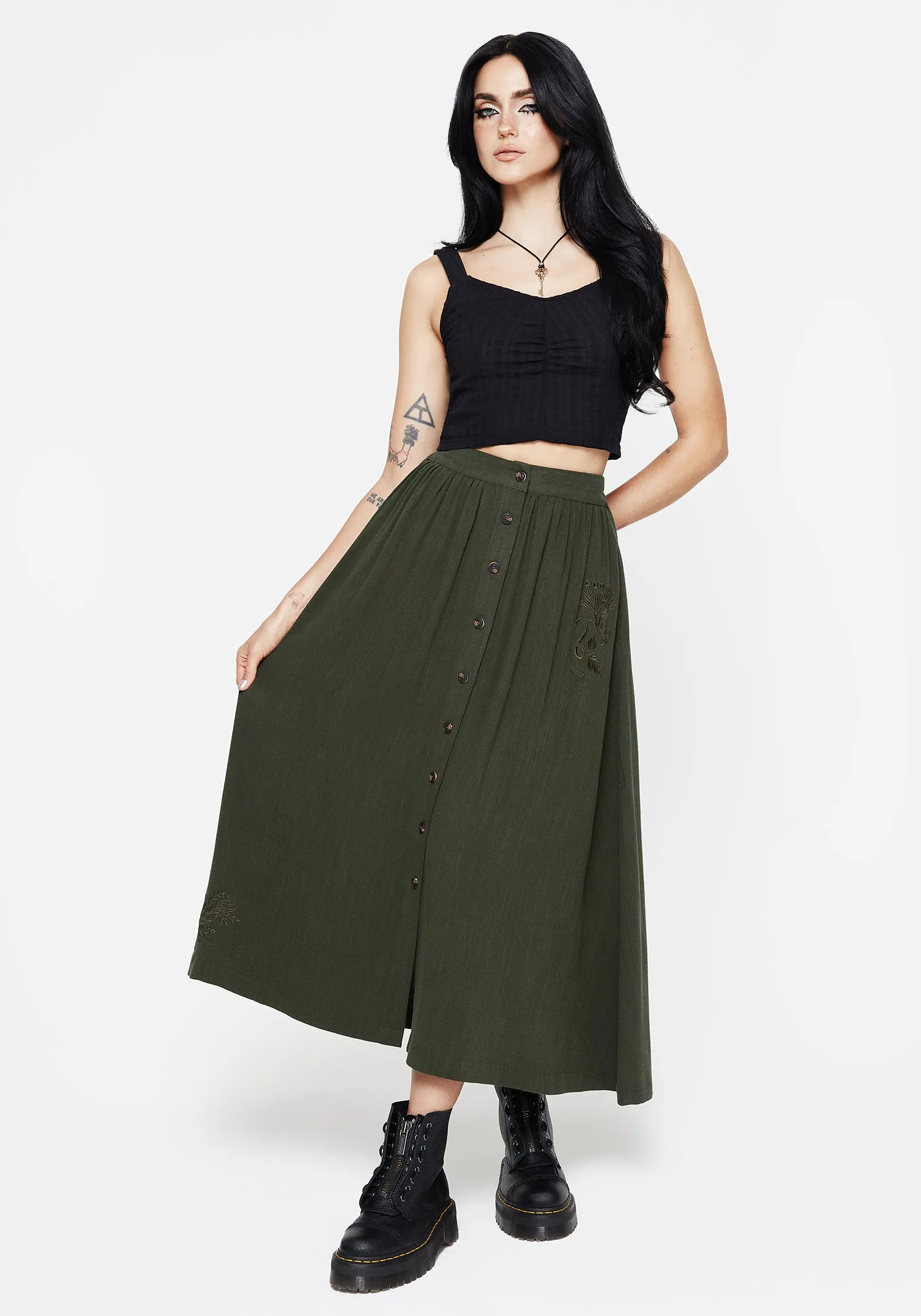 City Ready Foliate Linen-Blend Embroidered Button Up Midaxi Skirt - Green