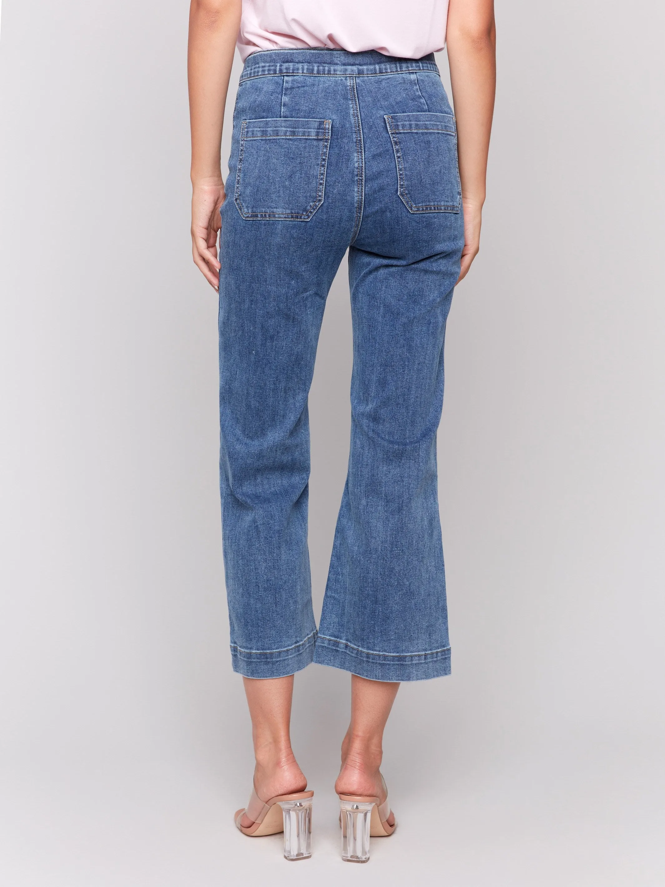 Non Fading Technology Cropped Pull-On Flare Jeans with Front Buttons - Medium Blue