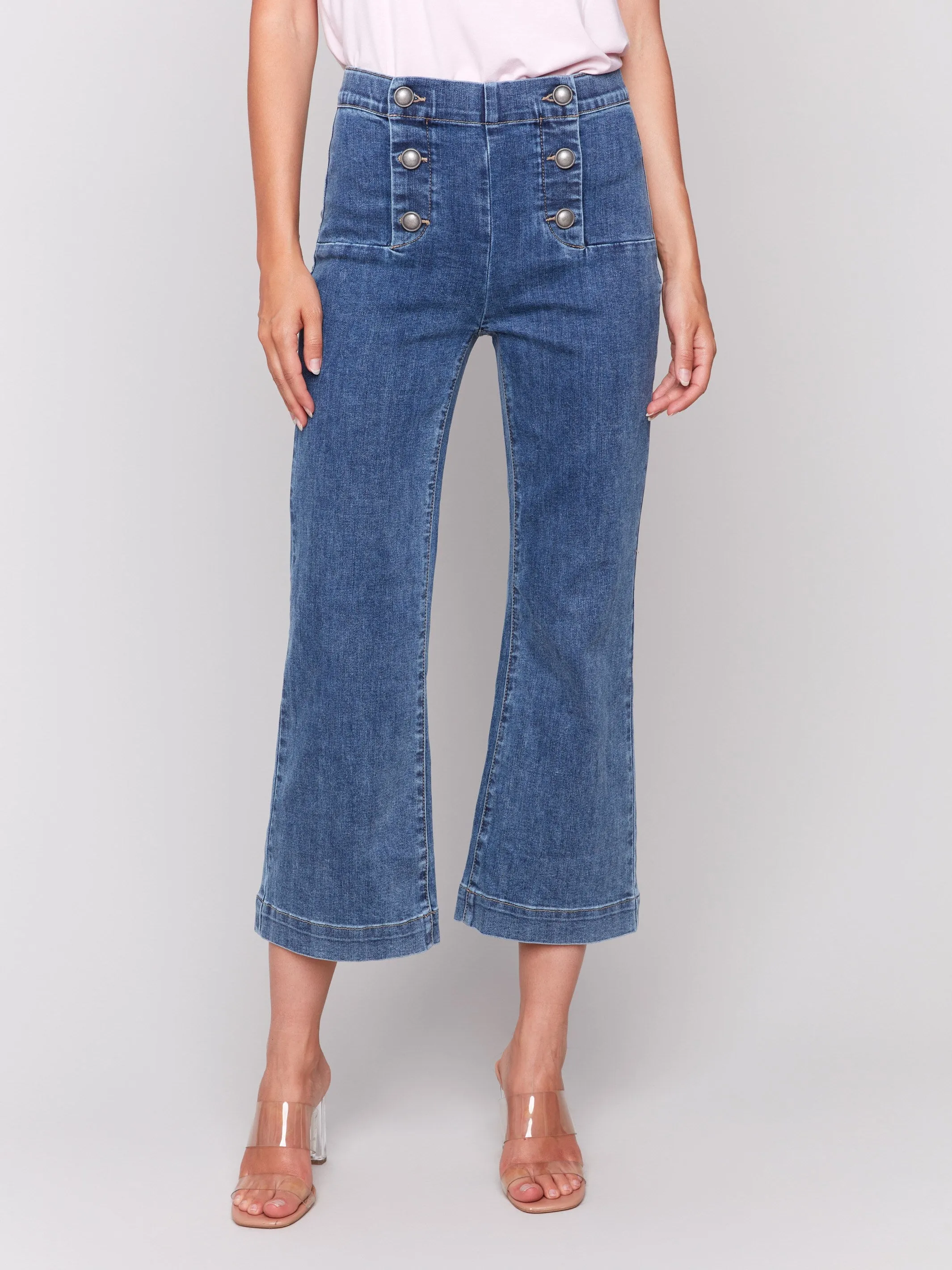 Always Needed Fit Ready Cropped Pull-On Flare Jeans with Front Buttons - Medium Blue
