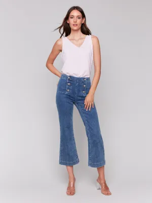 Cropped Pull-On Flare Jeans with Front Buttons - Medium Blue Eco Friendly Chill Outfit Road Trip Quick Wash