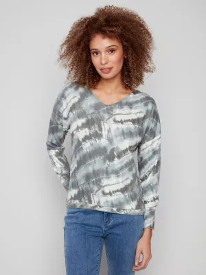 VintageWashEffect Comfortable apparel Printed V-neck Knit Top - Dreamy Spruce