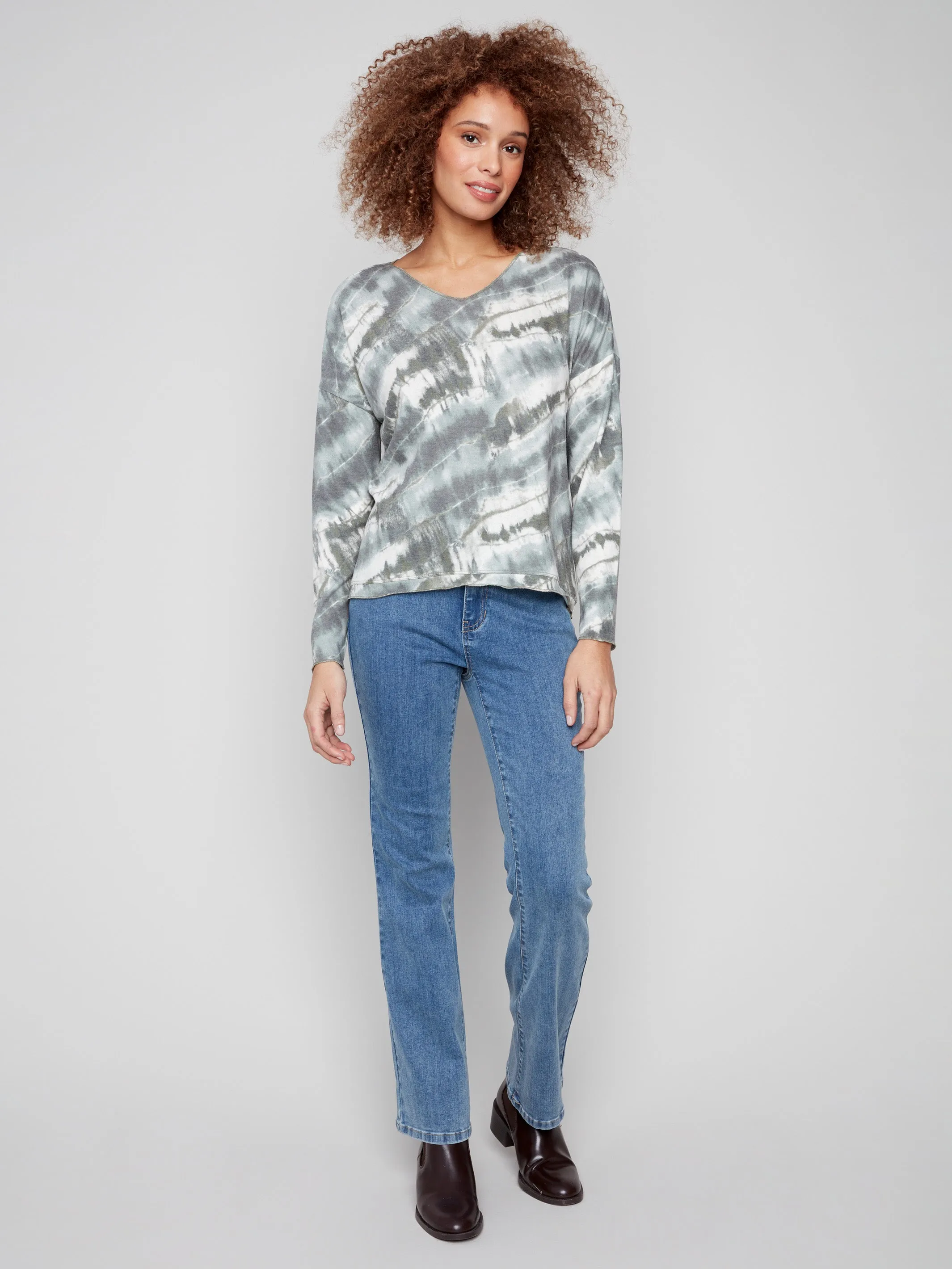 Weekend Ready Chill Vibe Printed V-neck Knit Top - Dreamy Spruce