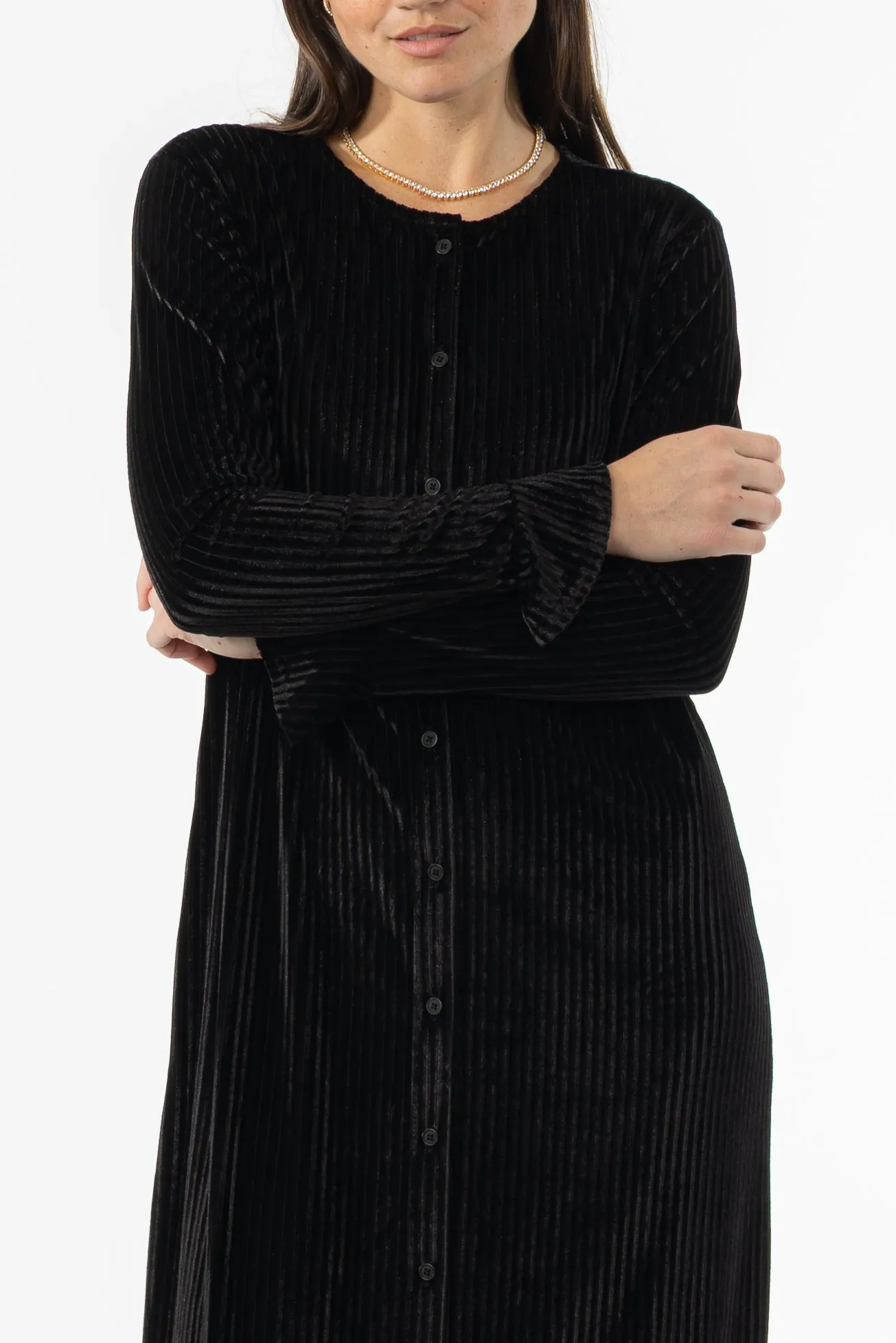 Black Ribbed Velour Dress Smooth Edge Binding Green Fit