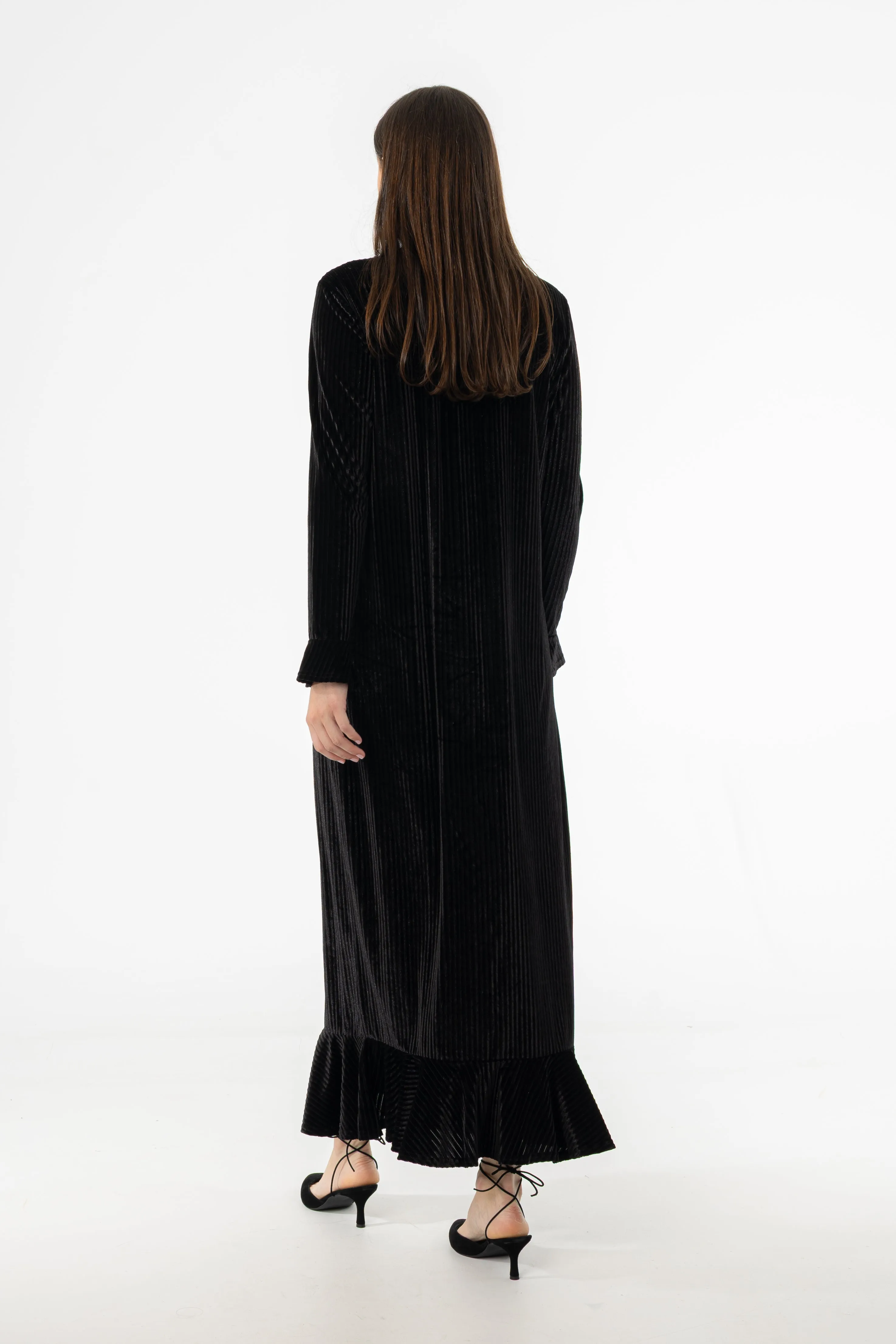 Soft Flow Light Layer Black Ribbed Velour Dress