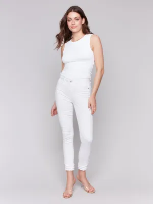 Frayed Hem Twill Pants - White Seamless Pocket Design Stretch Road Trip Brunch Outfit