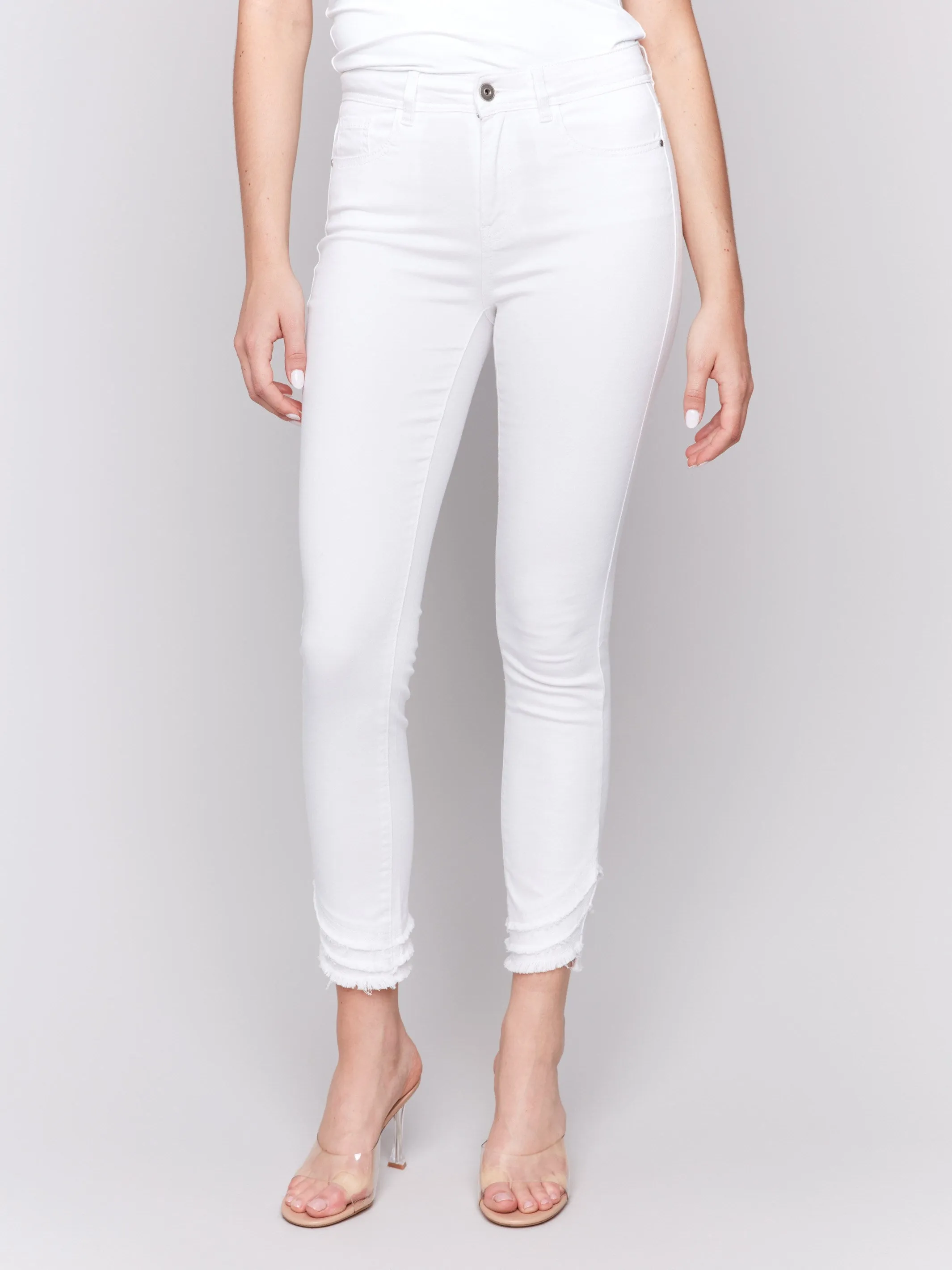 Frayed Hem Twill Pants - White Strong Stitch