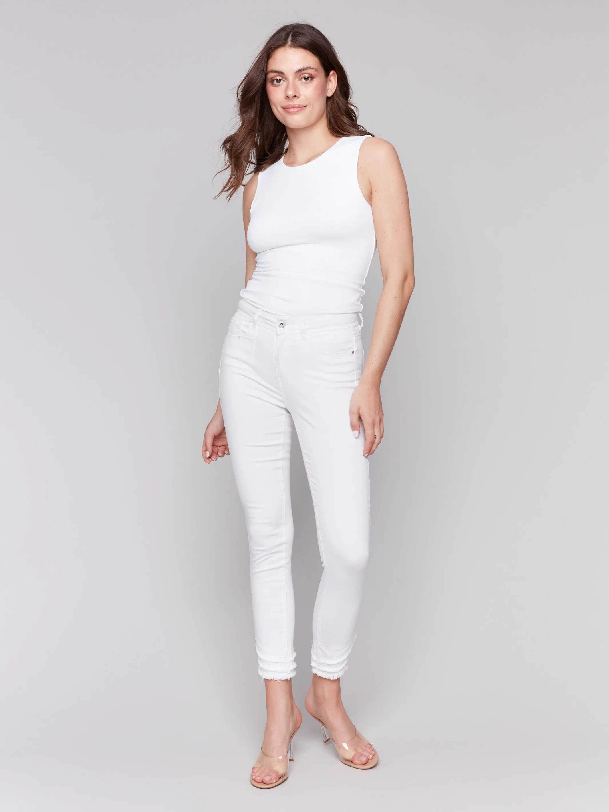 Frayed Hem Twill Pants - White Seamless Pocket Design Stretch Road Trip Brunch Outfit