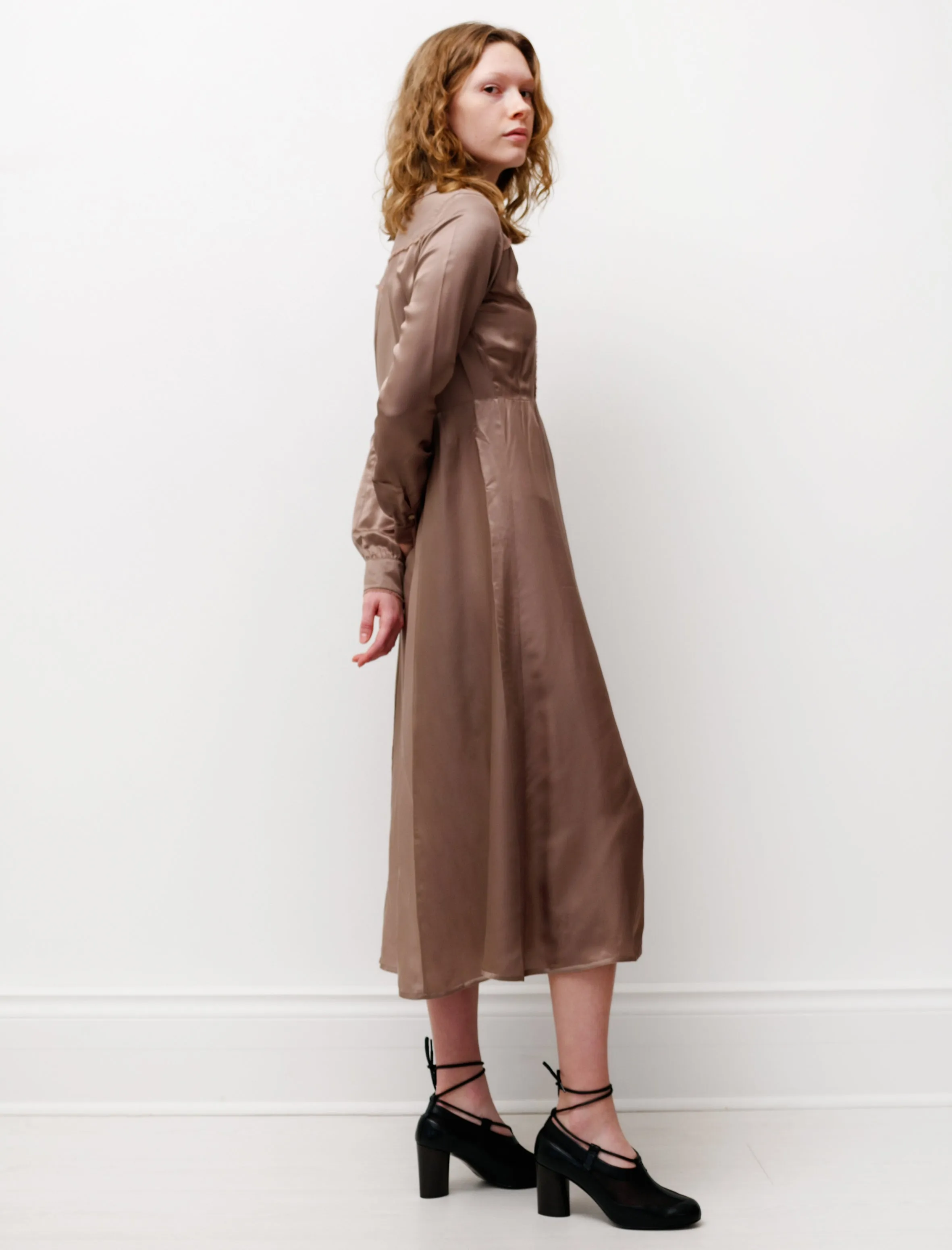 Korean Fresh Casual Fit Satin Long Sleeve Dress Mink