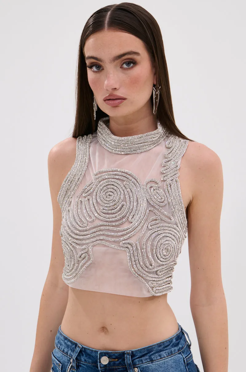 Tagless label STARSHINE RHINESTONE MOCK NECK BLOUSE